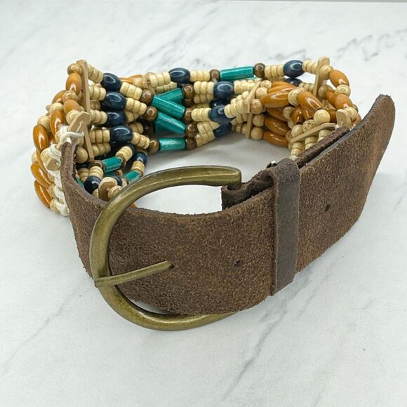 Wood Beaded Leather Boho Belt Small (S) ✨ - Picture 1 of 8